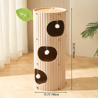 Traditional Rustic Cylindrical Tree Hole Felt Sherpa Fleece & MDF Cat Tower 2/3-Hole For Living Room