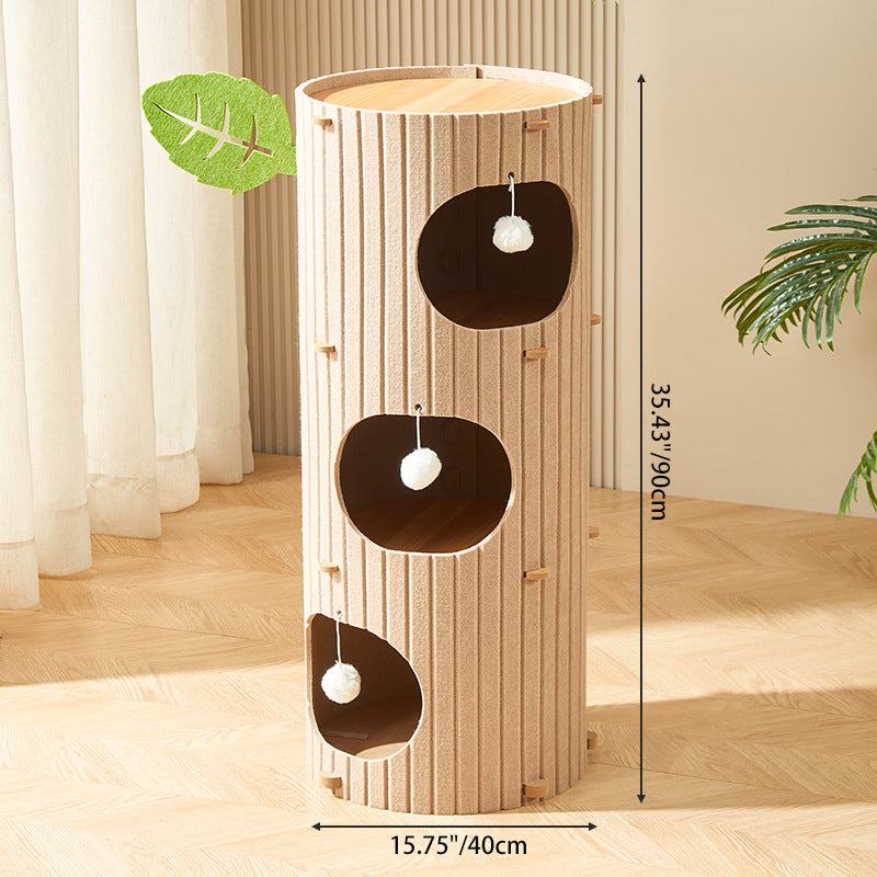 Traditional Rustic Cylindrical Tree Hole Felt Sherpa Fleece & MDF Cat Tower 2/3-Hole For Living Room