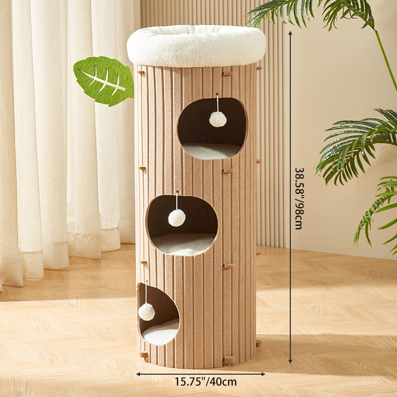 Traditional Rustic Cylindrical Tree Hole Felt Sherpa Fleece & MDF Cat Tower 2/3-Hole For Living Room