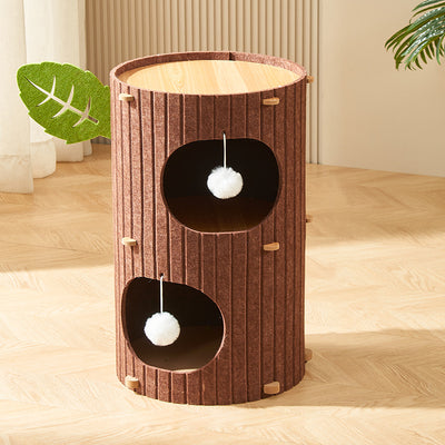 Traditional Rustic Cylindrical Tree Hole Felt Sherpa Fleece & MDF Cat Tower 2/3-Hole For Living Room