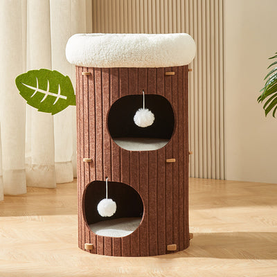 Traditional Rustic Cylindrical Tree Hole Felt Sherpa Fleece & MDF Cat Tower 2/3-Hole For Living Room