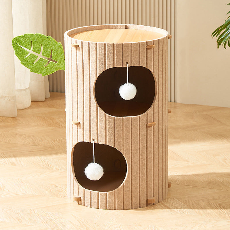 Traditional Rustic Cylindrical Tree Hole Felt Sherpa Fleece & MDF Cat Tower 2/3-Hole For Living Room