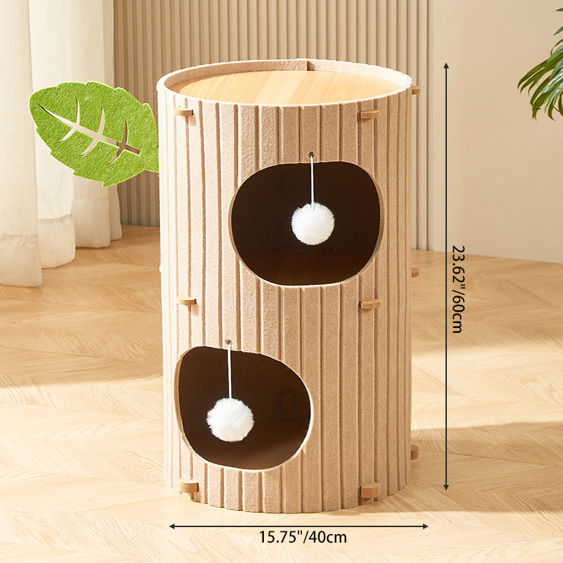 Traditional Rustic Cylindrical Tree Hole Felt Sherpa Fleece & MDF Cat Tower 2/3-Hole For Living Room