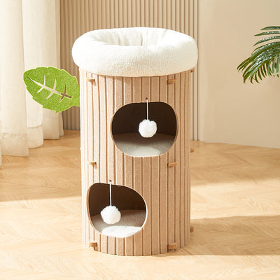 Traditional Rustic Cylindrical Tree Hole Felt Sherpa Fleece & MDF Cat Tower 2/3-Hole For Living Room