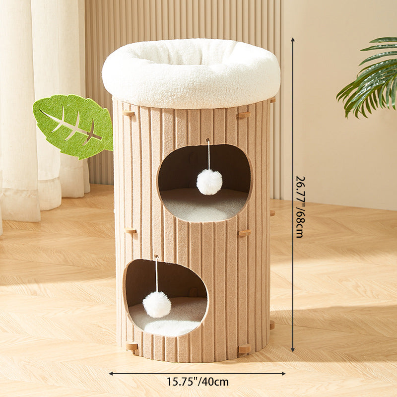 Traditional Rustic Cylindrical Tree Hole Felt Sherpa Fleece & MDF Cat Tower 2/3-Hole For Living Room