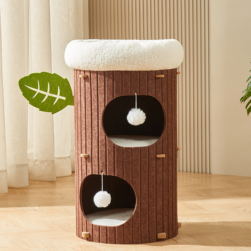 Traditional Rustic Cylindrical Tree Hole Felt Sherpa Fleece & MDF Cat Tower 2/3-Hole For Living Room