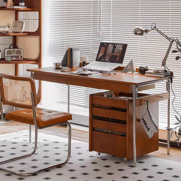 Traditional Vintage Rectangular Rubberwood Pine Wood Stainless Steel Desk 2-Drawer For Study