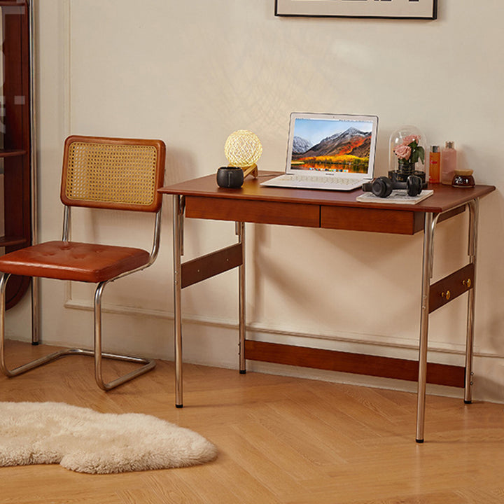 Traditional Vintage Rectangular Rubberwood Pine Wood Stainless Steel Desk 2-Drawer For Study
