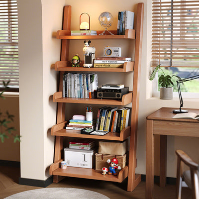 Modern Minimalist Trapezoid Rubberwood Solid Wood Sandwich Panel Floor-Standing Bookshelf 4/5-Shelf For Study