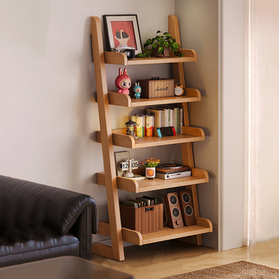 Modern Minimalist Trapezoid Rubberwood Solid Wood Sandwich Panel Floor-Standing Bookshelf 4/5-Shelf For Study