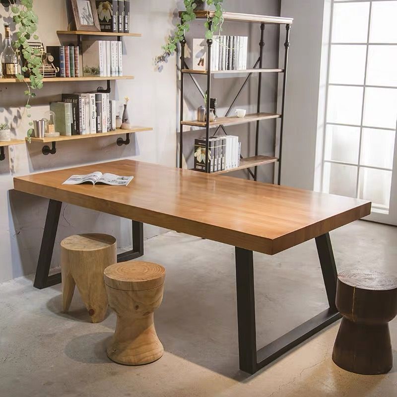 Modern Minimalist Rectangular Pine Wood Carbon Steel Dining Table For 4-6 Seats