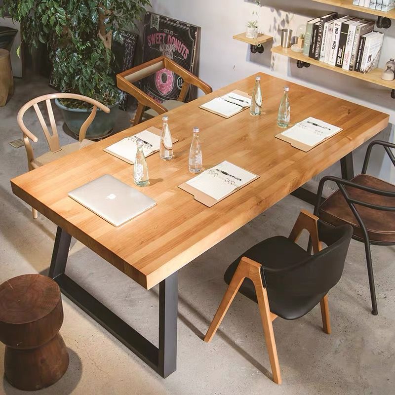 Modern Minimalist Rectangular Pine Wood Carbon Steel Dining Table For 4-6 Seats