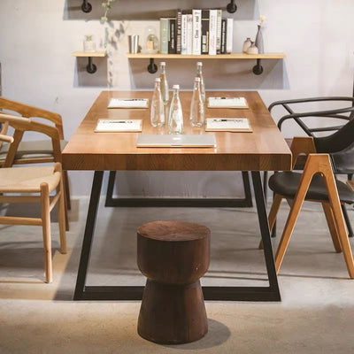 Modern Minimalist Rectangular Pine Wood Carbon Steel Dining Table For 4-6 Seats