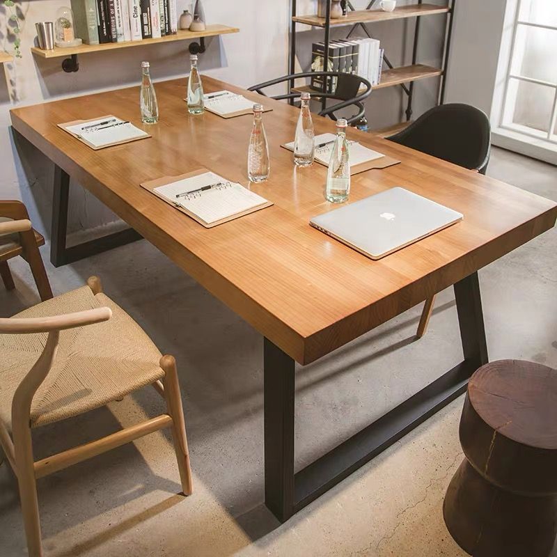Modern Minimalist Rectangular Pine Wood Carbon Steel Dining Table For 4-6 Seats
