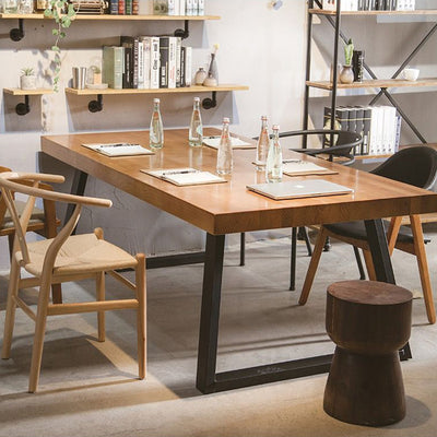 Modern Minimalist Rectangular Pine Wood Carbon Steel Dining Table For 4-6 Seats