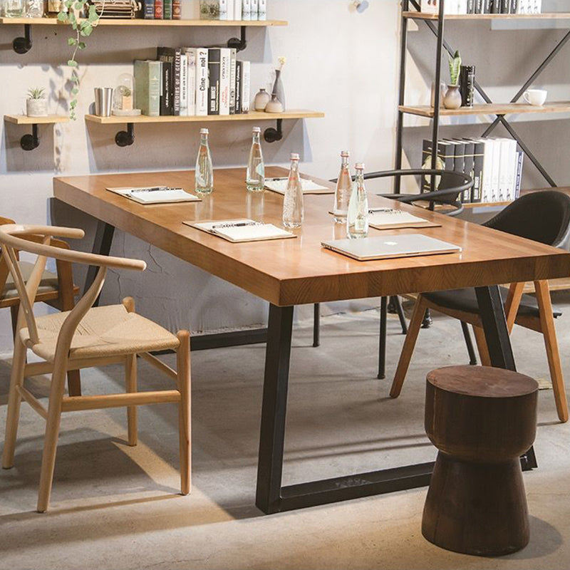 Modern Minimalist Rectangular Pine Wood Carbon Steel Dining Table For 4-6 Seats