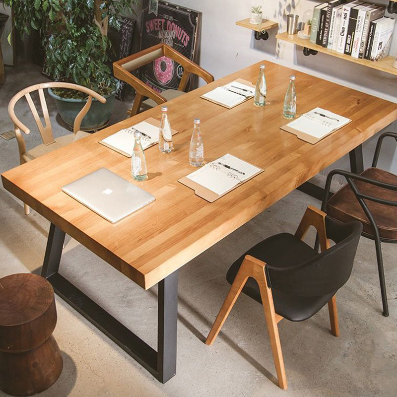 Modern Minimalist Rectangular Pine Wood Carbon Steel Dining Table For 4-6 Seats