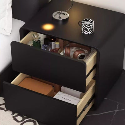 Modern Minimalist Rectangular Solid Wood Pine Wood Cat Scratching Leather Nightstand 2-Drawer For Bedroom