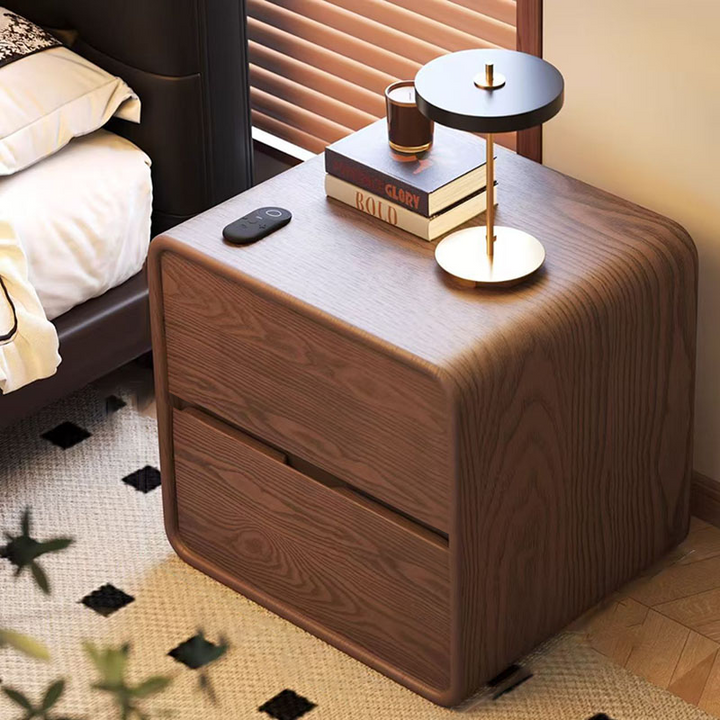 Modern Minimalist Rectangular Solid Wood Pine Wood Cat Scratching Leather Nightstand 2-Drawer For Bedroom