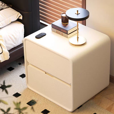 Modern Minimalist Rectangular Solid Wood Pine Wood Cat Scratching Leather Nightstand 2-Drawer For Bedroom