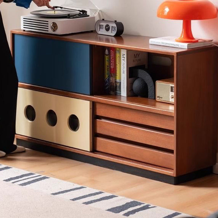 Traditional Vintage Rectangular Rubberwood Boxwood Plywood Floor-Standing Storage Cabinet 3-Tier For Living Room