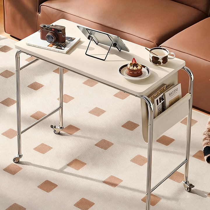 Escritorio Movible Contemporáneo Industrial Rectangular Estrecho de MDF con Cuero PU y Acero Inoxidable de 1 Nivel para Oficina en Casa 