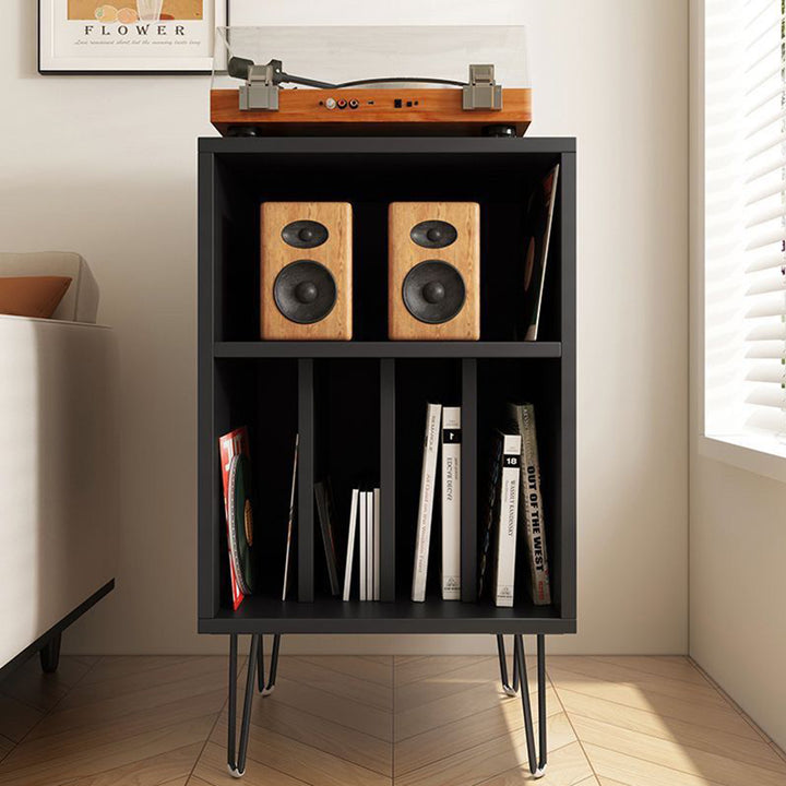 Meuble de rangement rectangulaire minimaliste moderne en panneau de particules de bois, métal et vinyle pour disques vinyles à 2 niveaux pour salon 