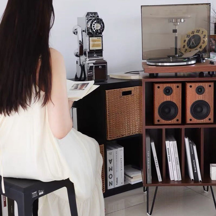 Moderner minimalistischer rechteckiger Schallplatten-Aufbewahrungsschrank aus Spanplatte und Metall, 2 Ebenen, für das Wohnzimmer 