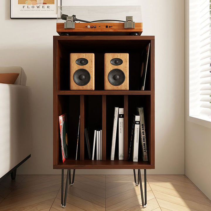 Meuble de rangement rectangulaire minimaliste moderne en panneau de particules de bois, métal et vinyle pour disques vinyles à 2 niveaux pour salon 