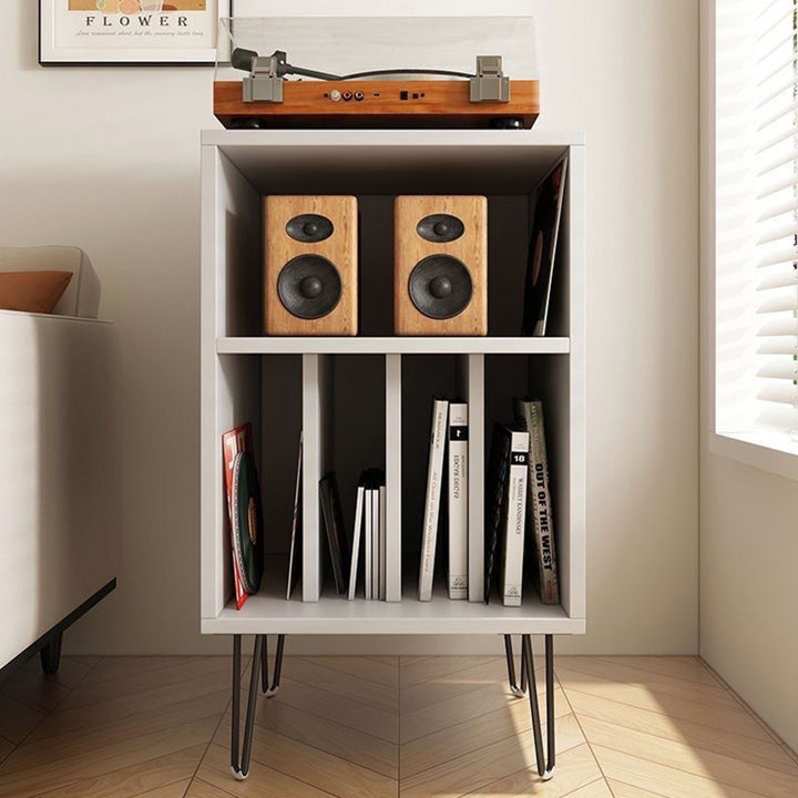 Meuble de rangement rectangulaire minimaliste moderne en panneau de particules de bois, métal et vinyle pour disques vinyles à 2 niveaux pour salon 