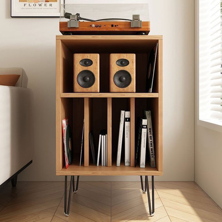 Meuble de rangement rectangulaire minimaliste moderne en panneau de particules de bois, métal et vinyle pour disques vinyles à 2 niveaux pour salon 
