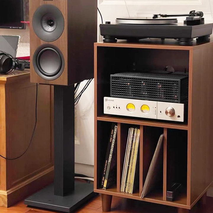 Moderner minimalistischer rechteckiger Schallplatten-Aufbewahrungsschrank aus Spanplatte und Metall, 2 Ebenen, für das Wohnzimmer 