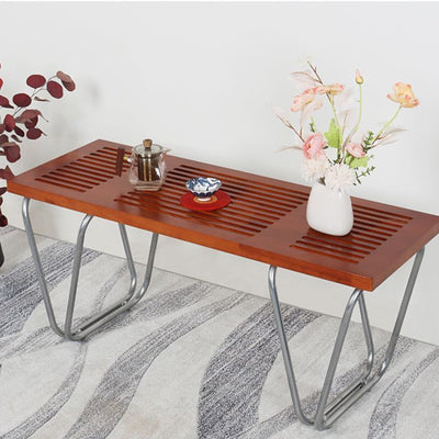 Modern Minimalist Linear Iron Wood Bench Backless Armless For Living Room & Bedroom