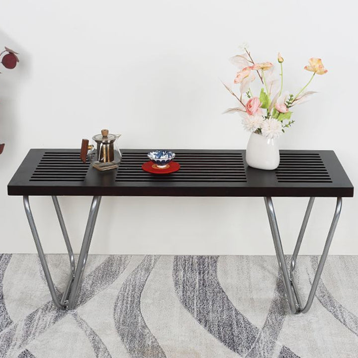 Banc linéaire moderne minimaliste en fer et bois, sans dossier ni accoudoirs, pour salon et chambre 