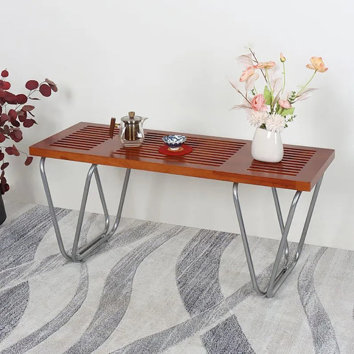 Banc linéaire moderne minimaliste en fer et bois, sans dossier ni accoudoirs, pour salon et chambre 