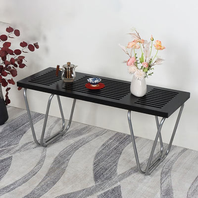 Modern Minimalist Linear Iron Wood Bench Backless Armless For Living Room & Bedroom