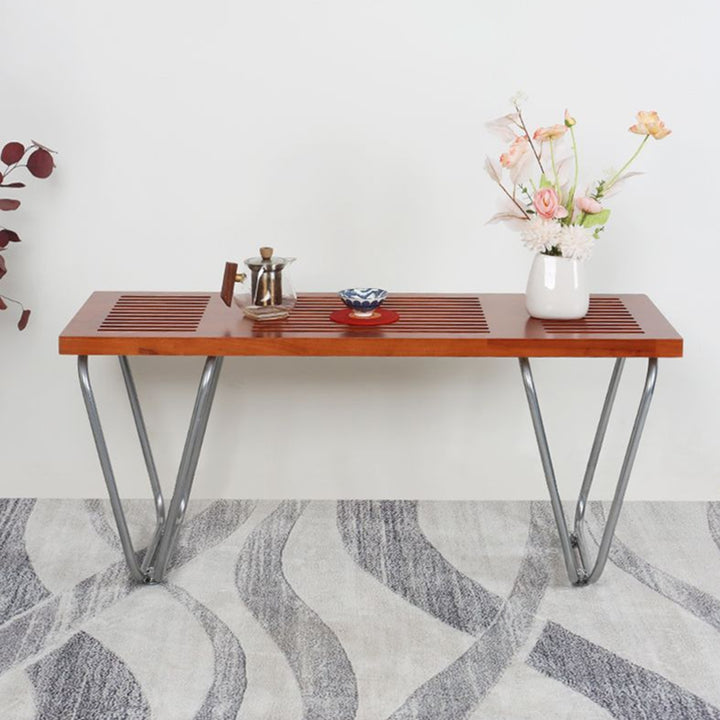 Banc linéaire moderne minimaliste en fer et bois, sans dossier ni accoudoirs, pour salon et chambre 