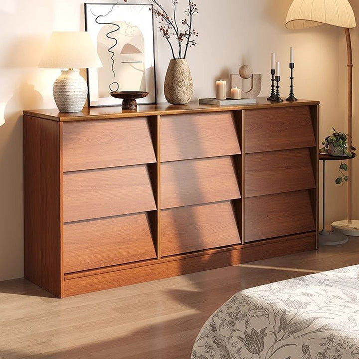 Aparador rectangular contemporáneo retro de persiana veneciana, ecológico, de madera de ingeniería MDF y acero al carbono, con 6/9 cajones, para salón y dormitorio 