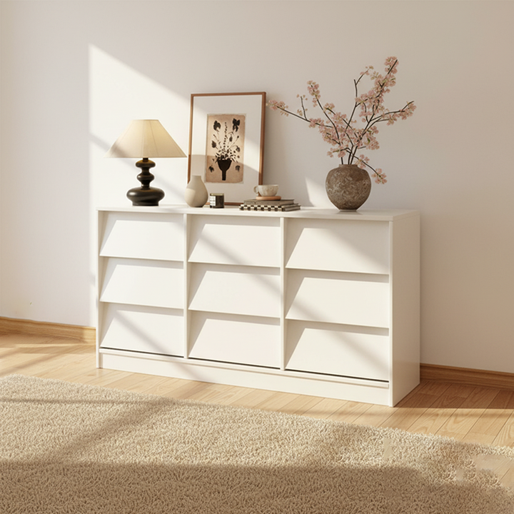 Aparador rectangular contemporáneo retro de persiana veneciana, ecológico, de madera de ingeniería MDF y acero al carbono, con 6/9 cajones, para salón y dormitorio 