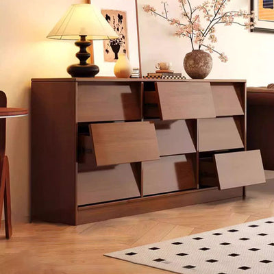 Contemporary Retro Venetian Blind Rectangular Pine Wood Carbon Steel Storage Cabinet 6/9-Drawer For Living Room & Bedroom
