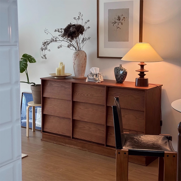 Aparador rectangular contemporáneo retro de persiana veneciana, ecológico, de madera de ingeniería MDF y acero al carbono, con 6/9 cajones, para salón y dormitorio 