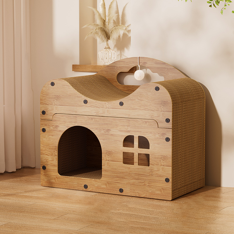Traditional Rustic Wavy Rectangle House-Shape MDF Corrugated Paper Cat Beds 1-Cabinet For Living Room
