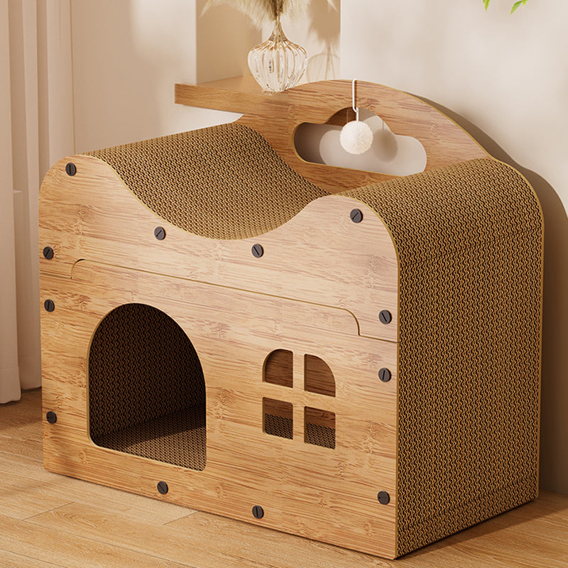 Traditional Rustic Wavy Rectangle House-Shape MDF Corrugated Paper Cat Beds 1-Cabinet For Living Room