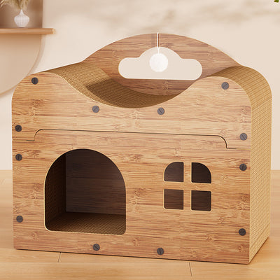 Traditional Rustic Wavy Rectangle House-Shape MDF Corrugated Paper Cat Beds 1-Cabinet For Living Room