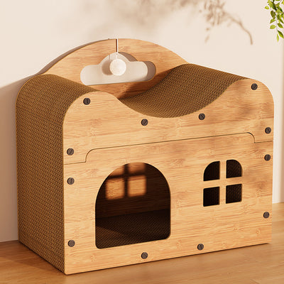 Traditional Rustic Wavy Rectangle House-Shape MDF Corrugated Paper Cat Beds 1-Cabinet For Living Room
