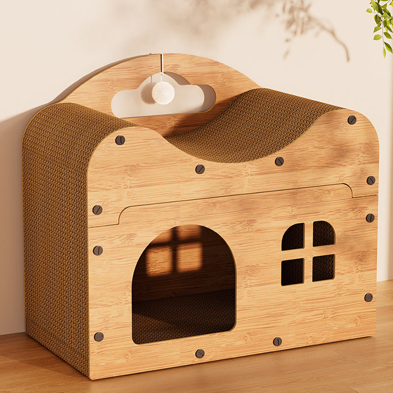 Traditional Rustic Wavy Rectangle House-Shape MDF Corrugated Paper Cat Beds 1-Cabinet For Living Room