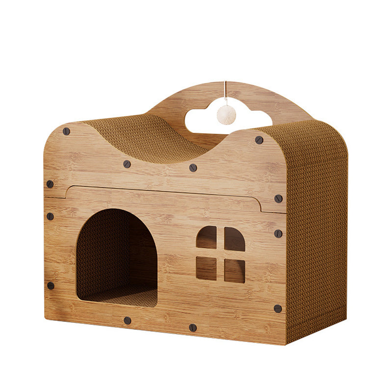 Traditional Rustic Wavy Rectangle House-Shape MDF Corrugated Paper Cat Beds 1-Cabinet For Living Room