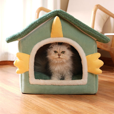 Modern Art Deco House-Shaped Flannelette Drop-Molded Fabric Detachable Cat Beds 1-Tier For Living Room