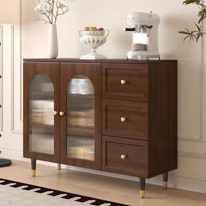 Traditional Rustic Rectangular Plywood Glass Faux Rattan Weaving Large Capacity Storage Cabinet 3-Drawer For Living Room