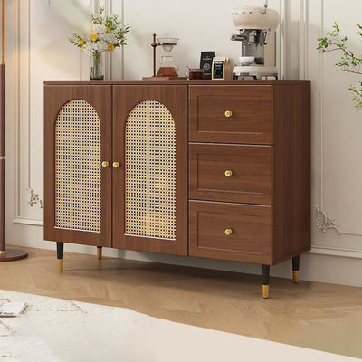 Traditional Rustic Rectangular Wood Particle Board Glass Faux Rattan Weaving Large Capacity Storage Cabinet 3-Drawer For Living Room